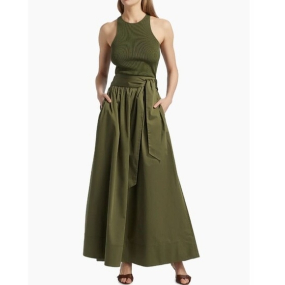 Toccin Sabine Tie Front Midi Skirt Stretch Cotton Pockets Olive S NWT - Picture 2 of 16